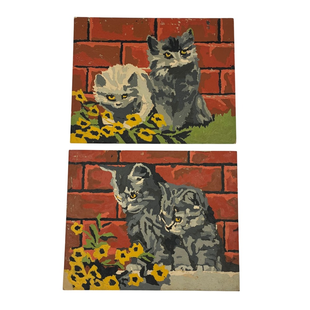 Vintage Paint by Number Kitten Cat Art Set of 2 Brick Wall‎ Yellow Flowers 10x8